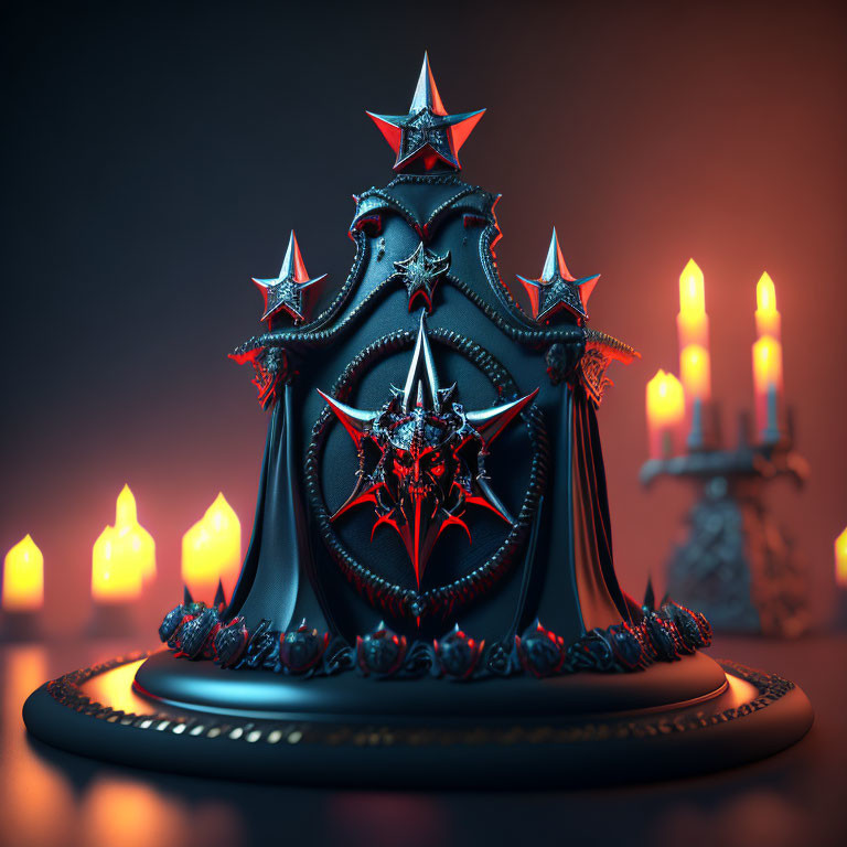 Gothic-style crown with red jewels and candles on dark background