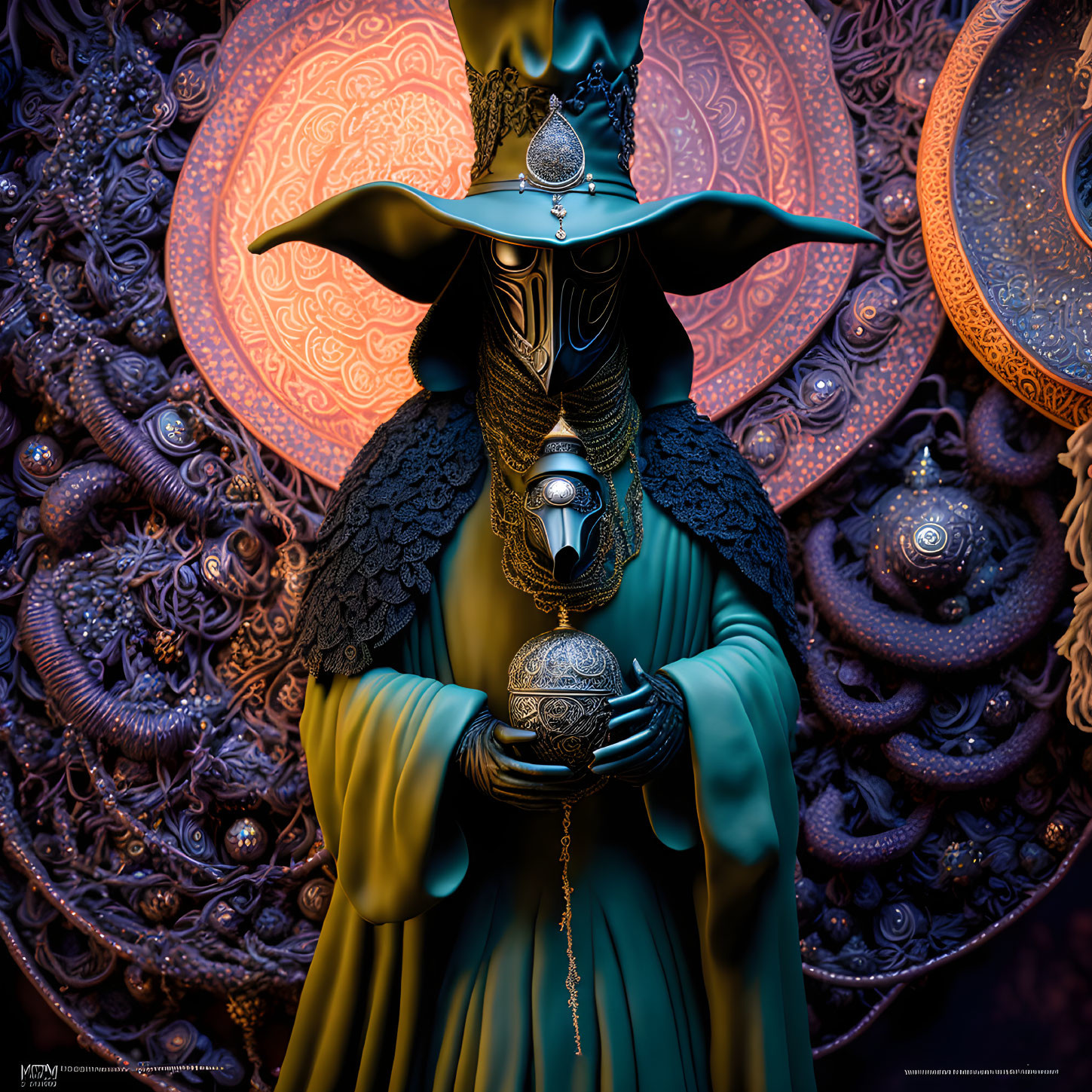 Mystical figure in green cloak with ornate hat holding spherical object in fantastical setting