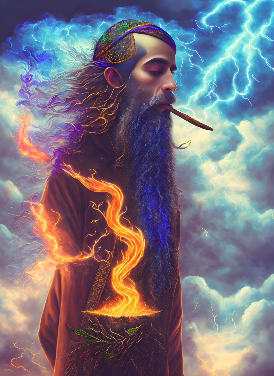 Man with Flaming Beard and Lightning Background Holding Staff