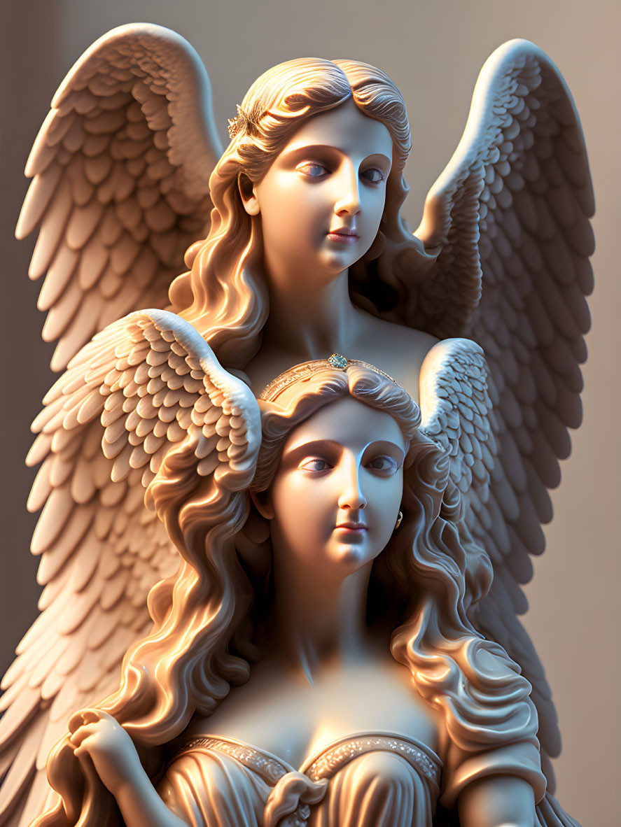Detailed sculpture of two angels with serene expressions and intricate wings