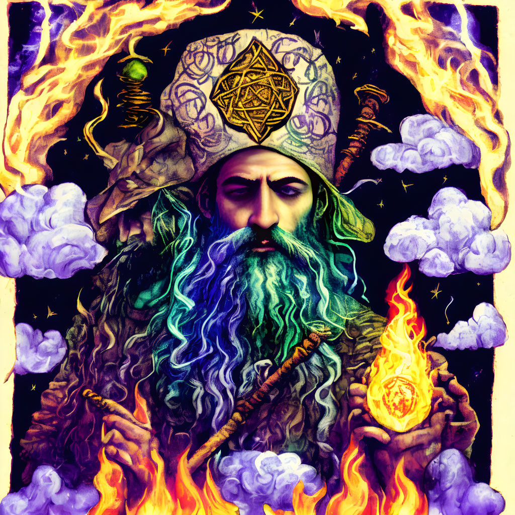 Colorful illustration of mystical wizard with multicolored beard and magical symbols.