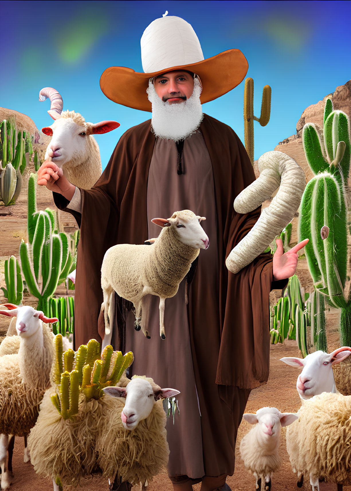 Man in Cowboy Hat with Sheep and Cacti Under Colorful Sky
