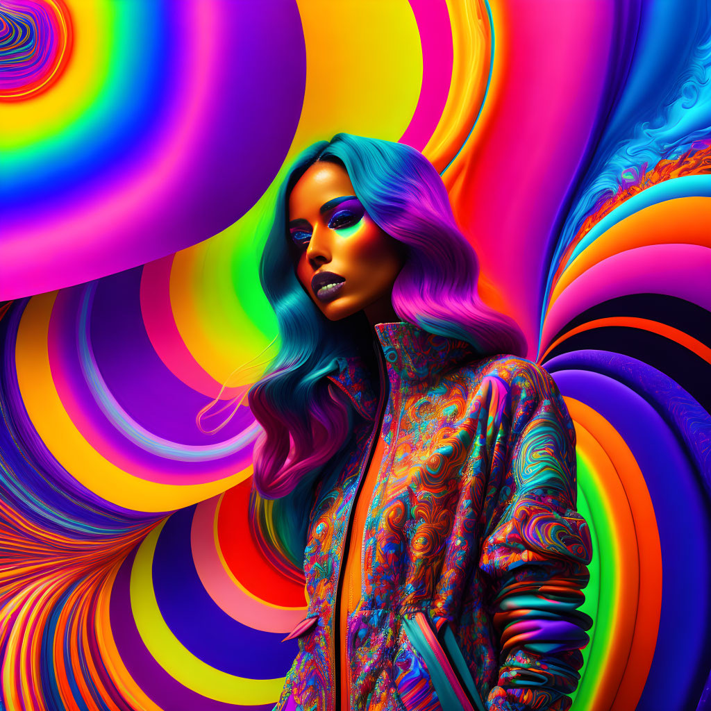 Colorful digital artwork: Woman with blue hair and makeup in psychedelic background