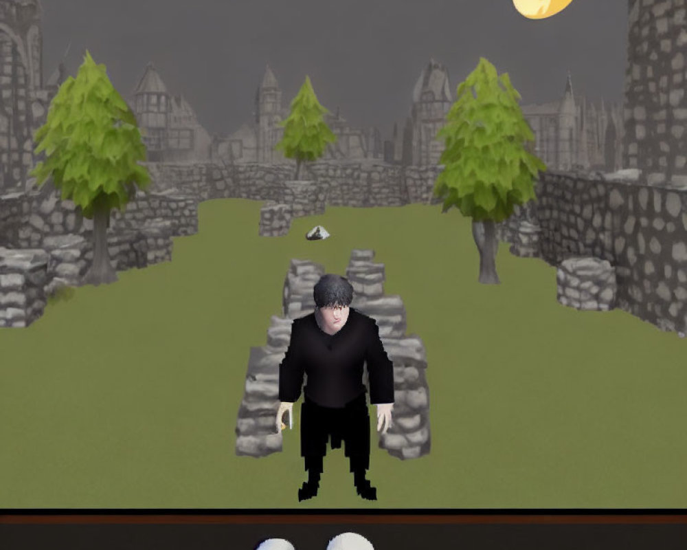 Digital avatar in black clothing in virtual graveyard with moon, health bar