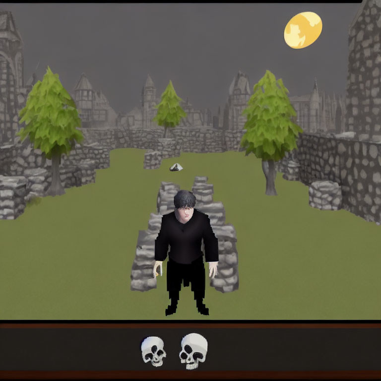 Digital avatar in black clothing in virtual graveyard with moon, health bar