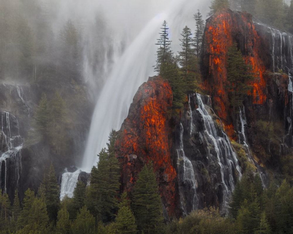 Scenic waterfall over mossy red cliffs in misty forest
