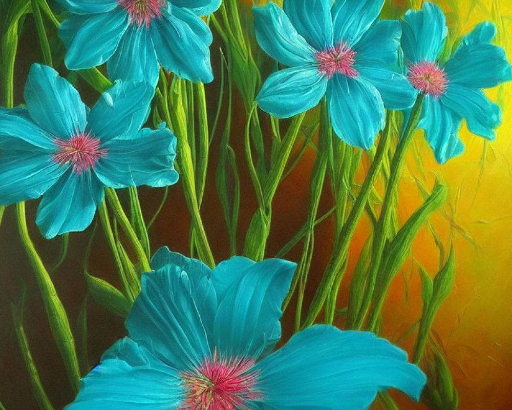 Colorful painting of blue flowers with pink stamens on yellow-green backdrop