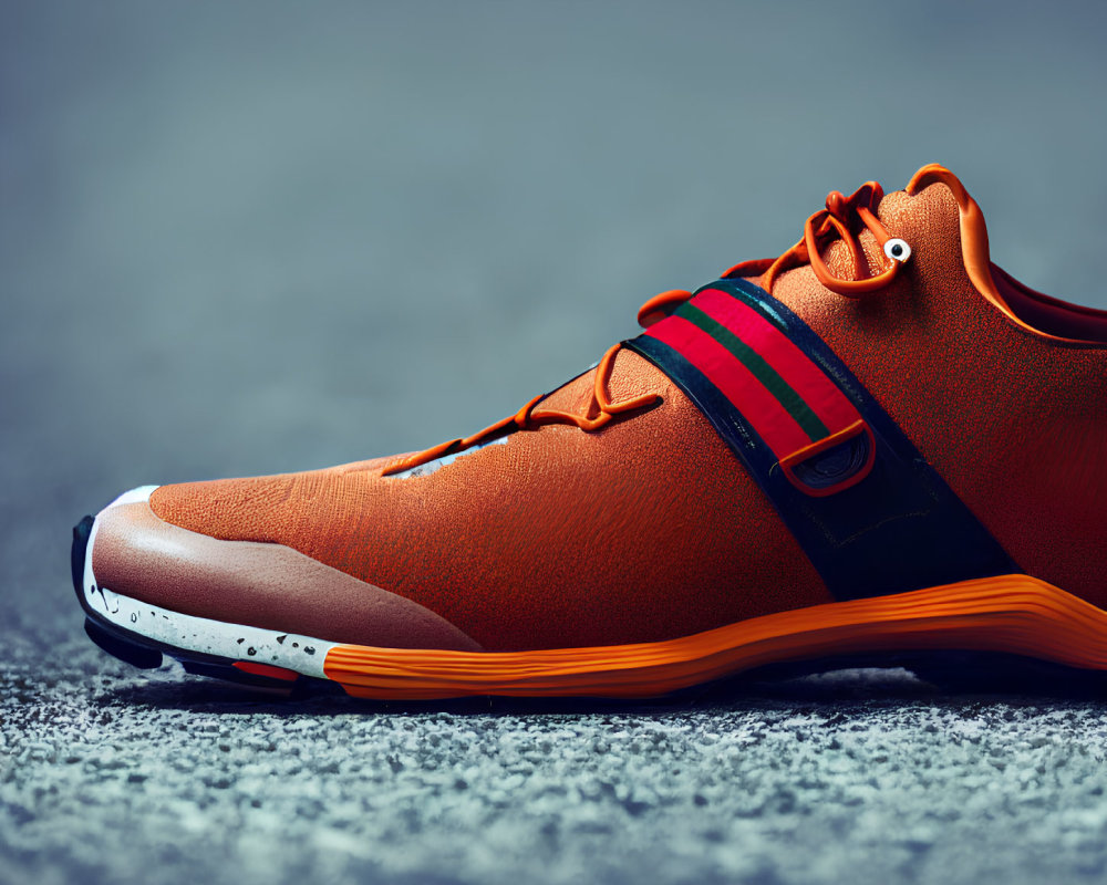 Orange Sneaker with Black Sole and Colored Stripes on Grey Surface