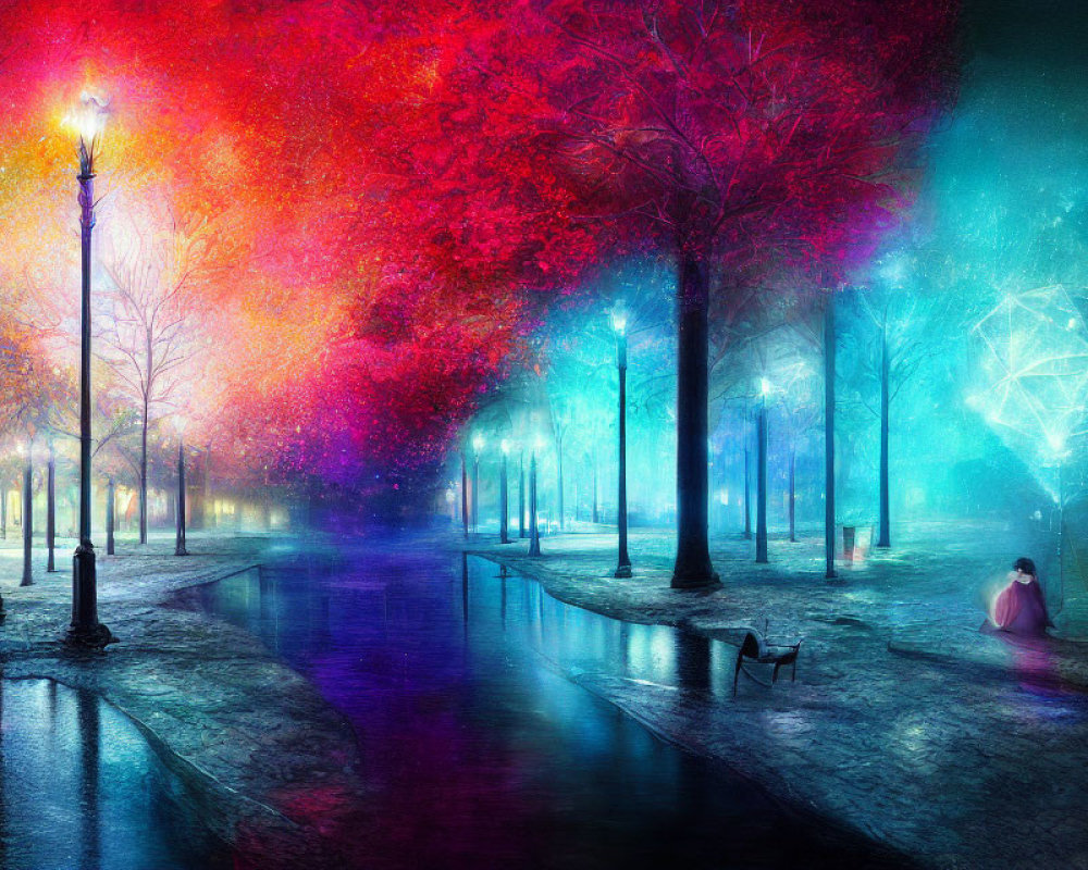 Colorful illuminated trees and wet pavement in vibrant nighttime park scene