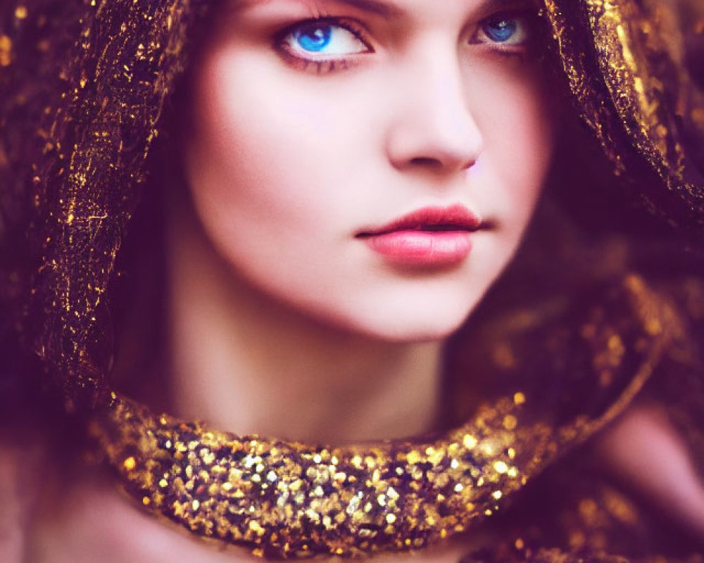 Woman with Striking Blue Eyes in Golden Glittery Hood and Garment
