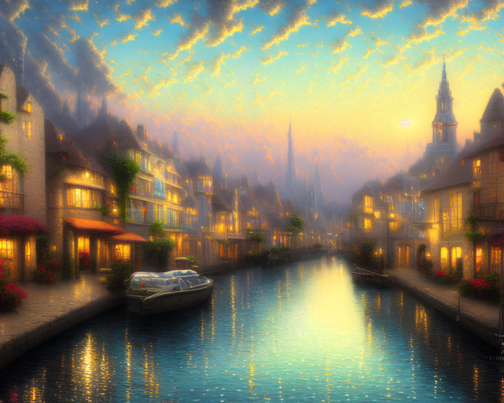 Digitally illustrated serene canal at dusk