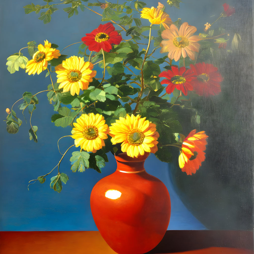 Colorful still-life painting with sunflowers, red flowers, orange vase, and blue background.
