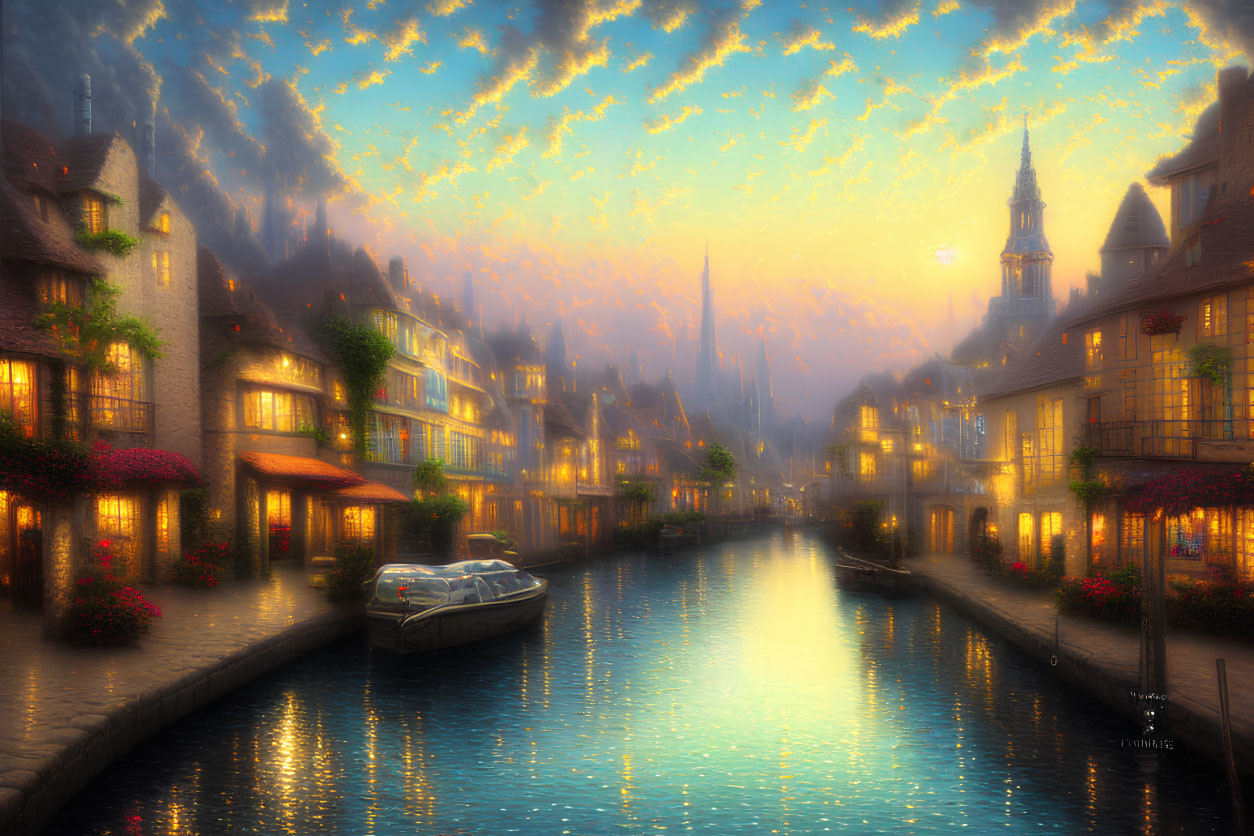 Digitally illustrated serene canal at dusk