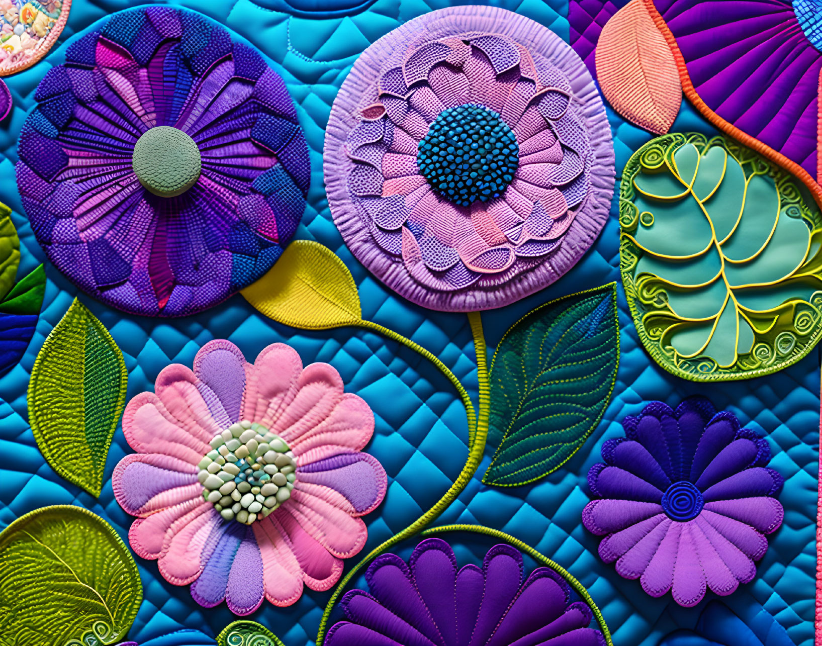 Vibrant floral and leaf artwork with intricate fabric or paper quilling.