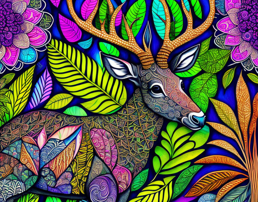 Colorful Stylized Deer Artwork with Decorative Leaves