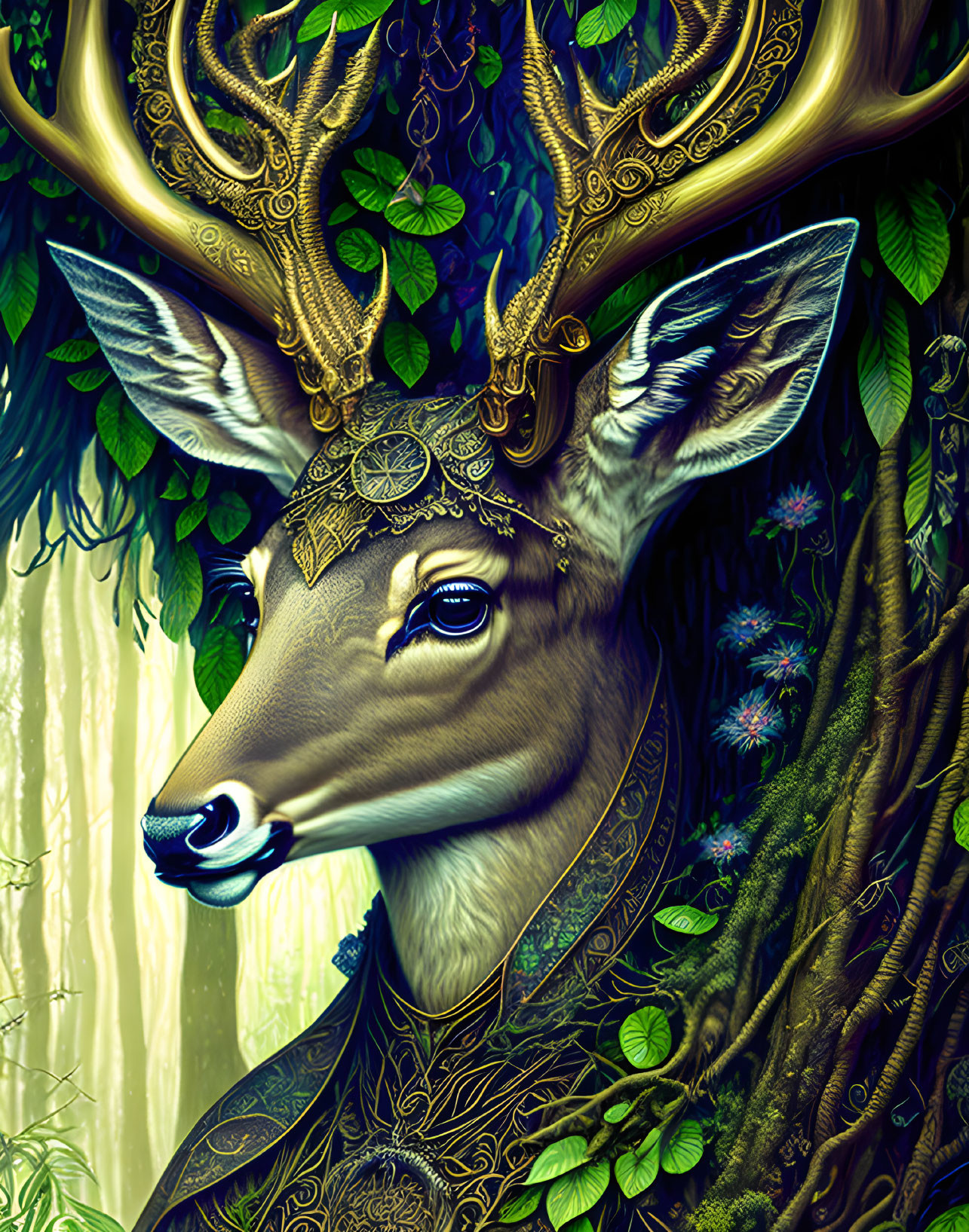 Golden antlered deer digital artwork with ornamental patterns on a green background