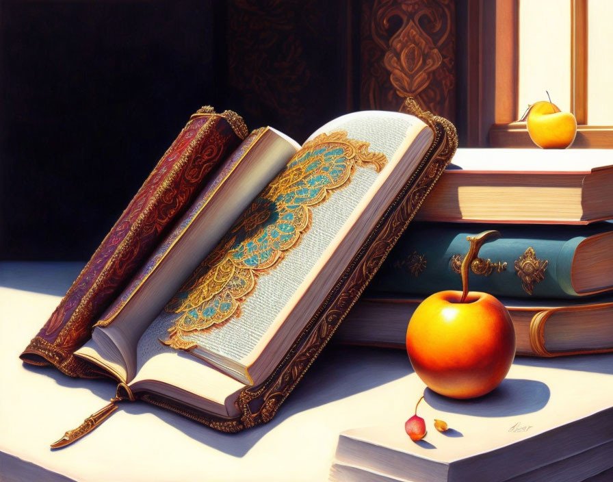 Ornate book cover on stack with apple and cherry on reflective surface