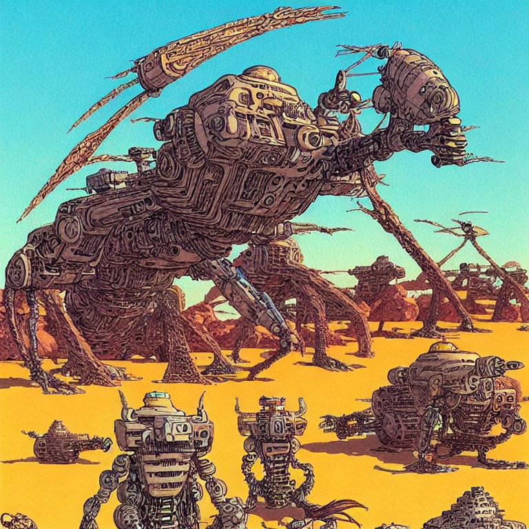 Mechanical beings in desert landscape with large robot focal point