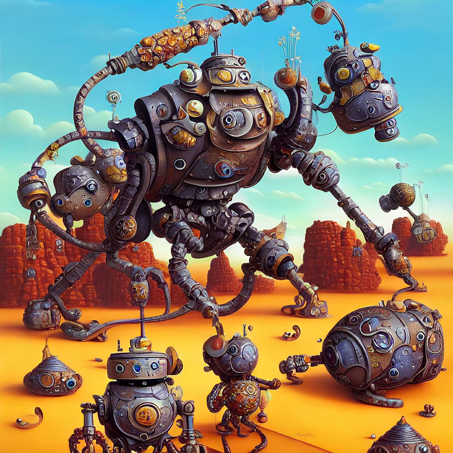 Whimsical mechanical robots in desert landscape with rock formations