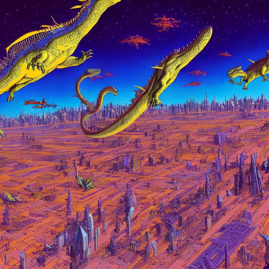 Detailed futuristic landscape with flying reptiles above orange terrain