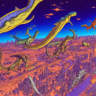 Detailed futuristic landscape with flying reptiles above orange terrain