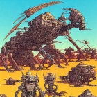 Whimsical mechanical robots in desert landscape with rock formations