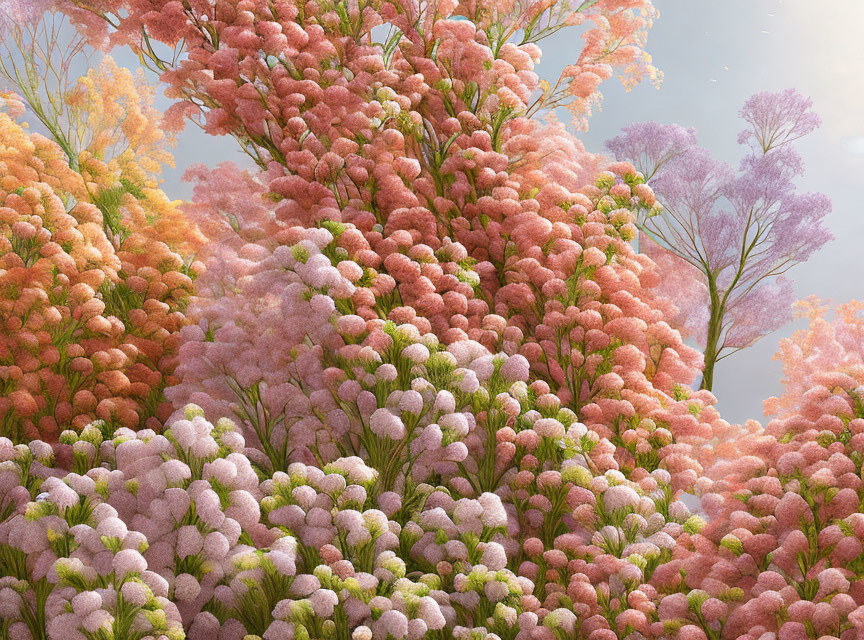 Vibrant pink and orange flowers blooming on trees under a soft sky