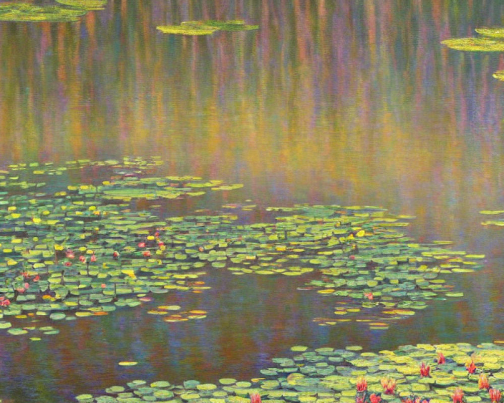 Tranquil pond with water lilies and reflected trees in impressionistic painting