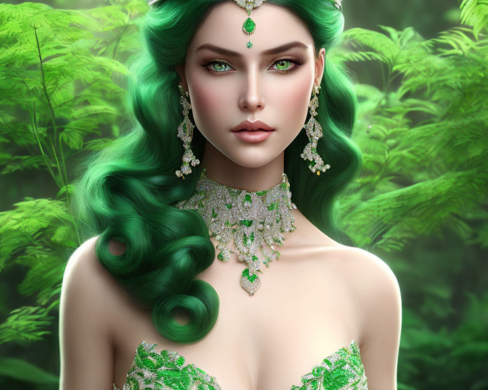 Digital artwork: Woman with emerald green hair, jeweled crown, necklace, in lush forest.