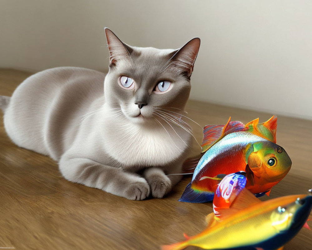 Siamese Cat with Blue Eyes and Toy Fishes on Wooden Floor