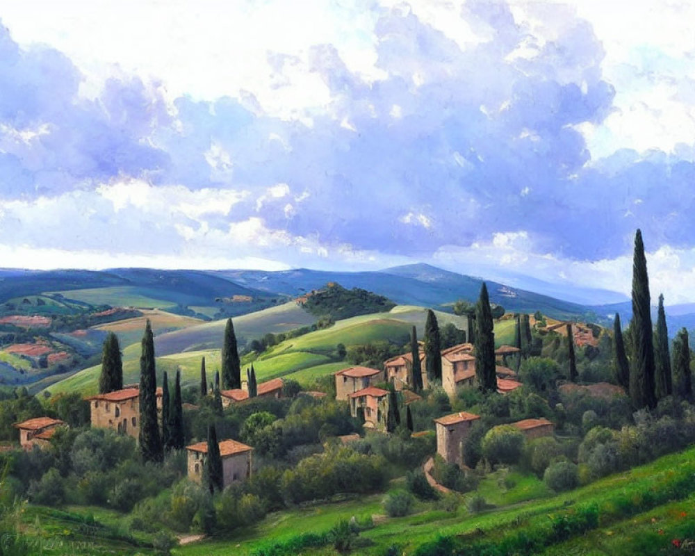 Rural landscape painting with rolling hills and cypress trees