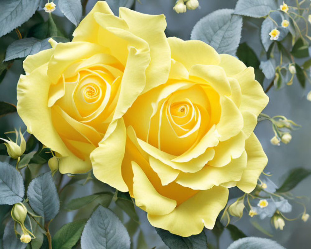 Vibrant yellow roses in full bloom with lush green leaves and delicate white flowers