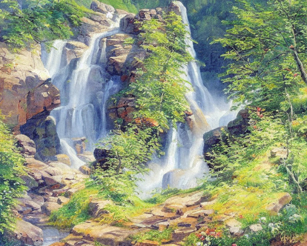 Colorful waterfall painting with lush greenery and wildflowers