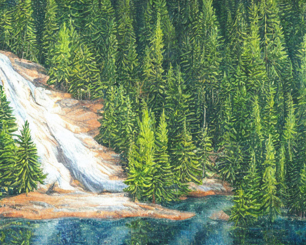 Lush forest painting with conifer trees and waterfall