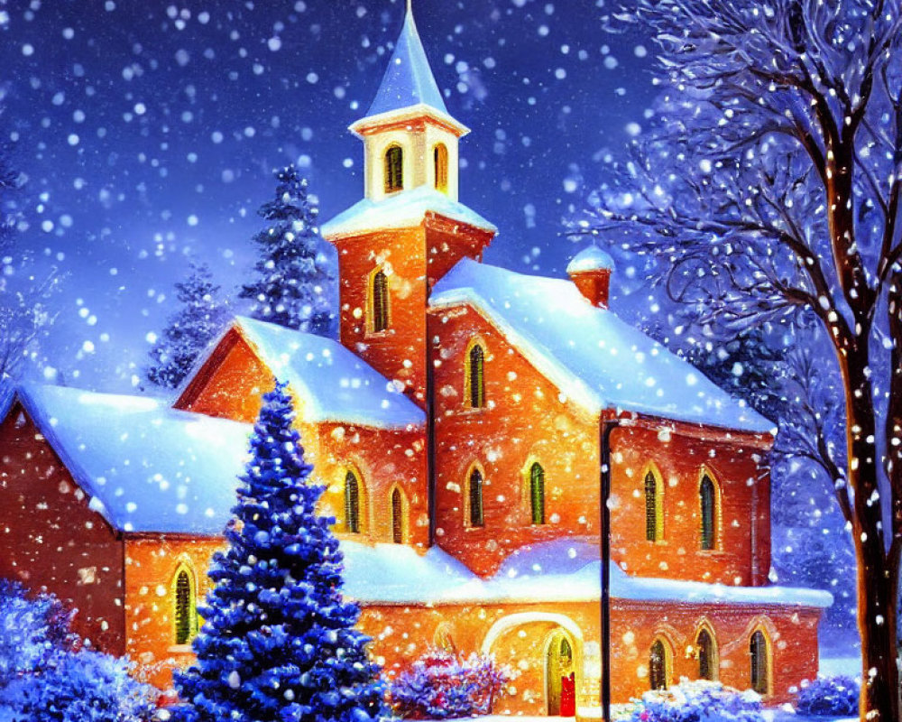 Snowy night scene: church with lit steeple, snow-covered trees.