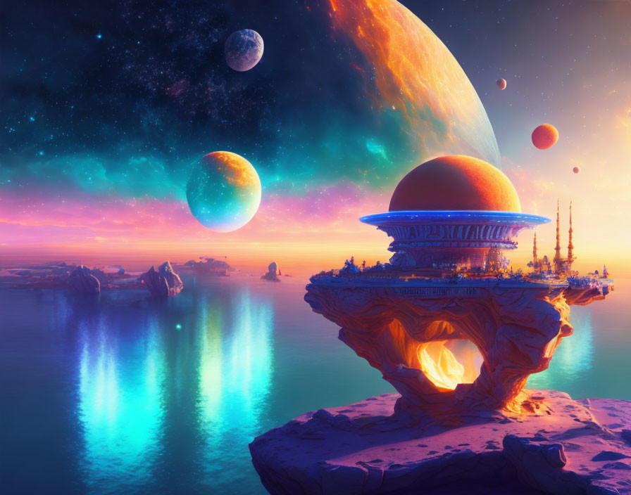 Sci-fi cityscape on floating rock island with planets in sky over reflective water at sunrise/sunset