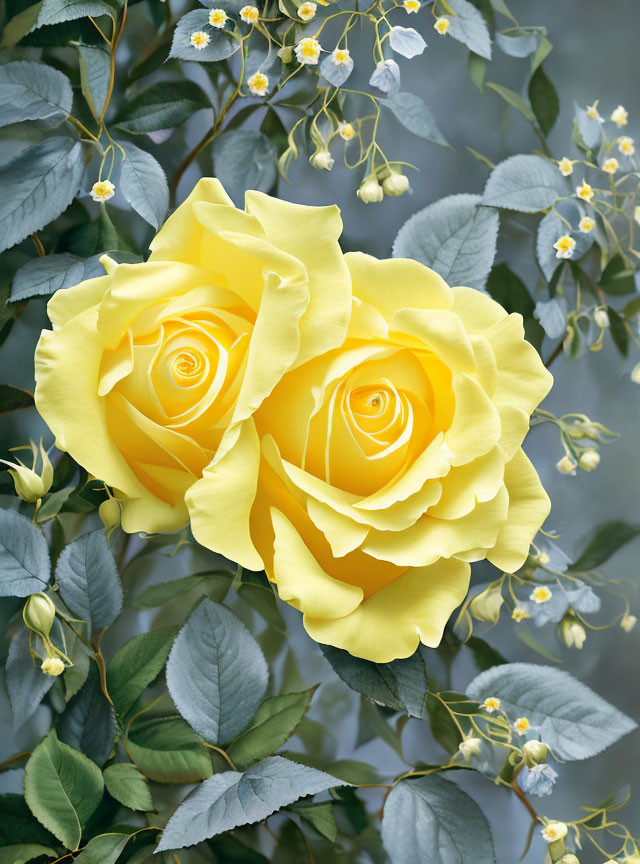 Vibrant yellow roses in full bloom with lush green leaves and delicate white flowers
