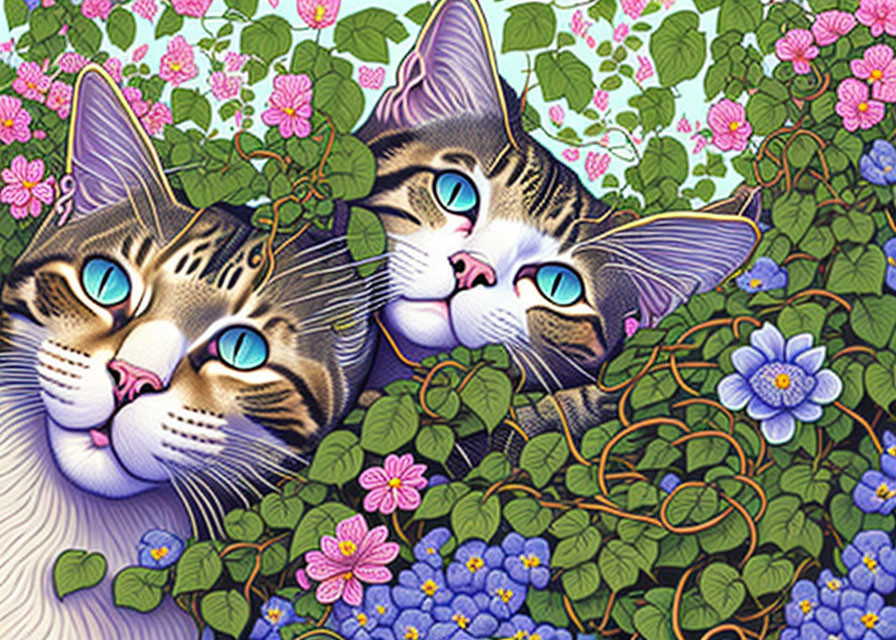 Striking Blue-Eyed Cats in Vibrant Floral Tapestry