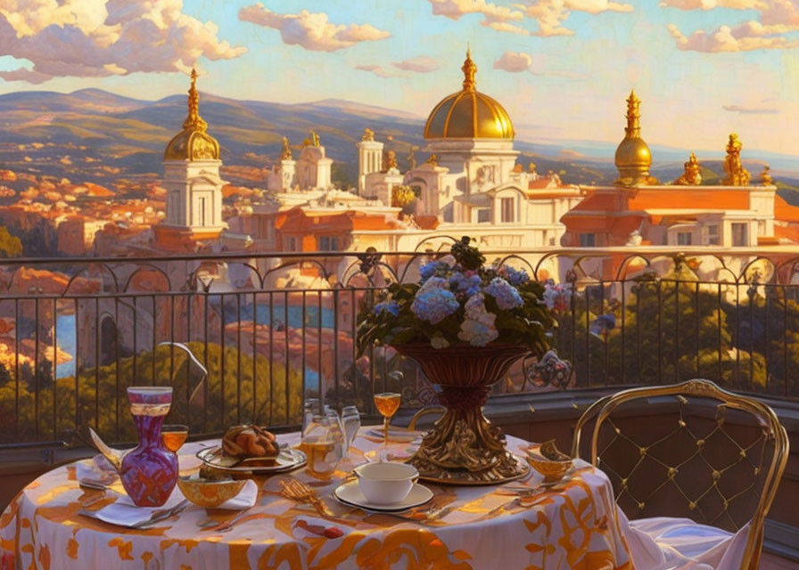 Balcony view of old cityscape at sunset with golden-domed buildings and breakfast spread