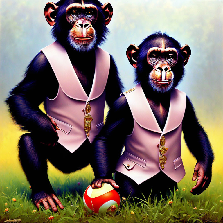 Illustrated chimpanzees in formal attire with beach ball in grassy setting