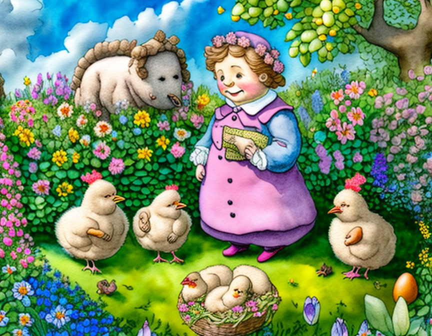 Colorful illustration of cheerful girl with chicks, sheep, and lush garden.