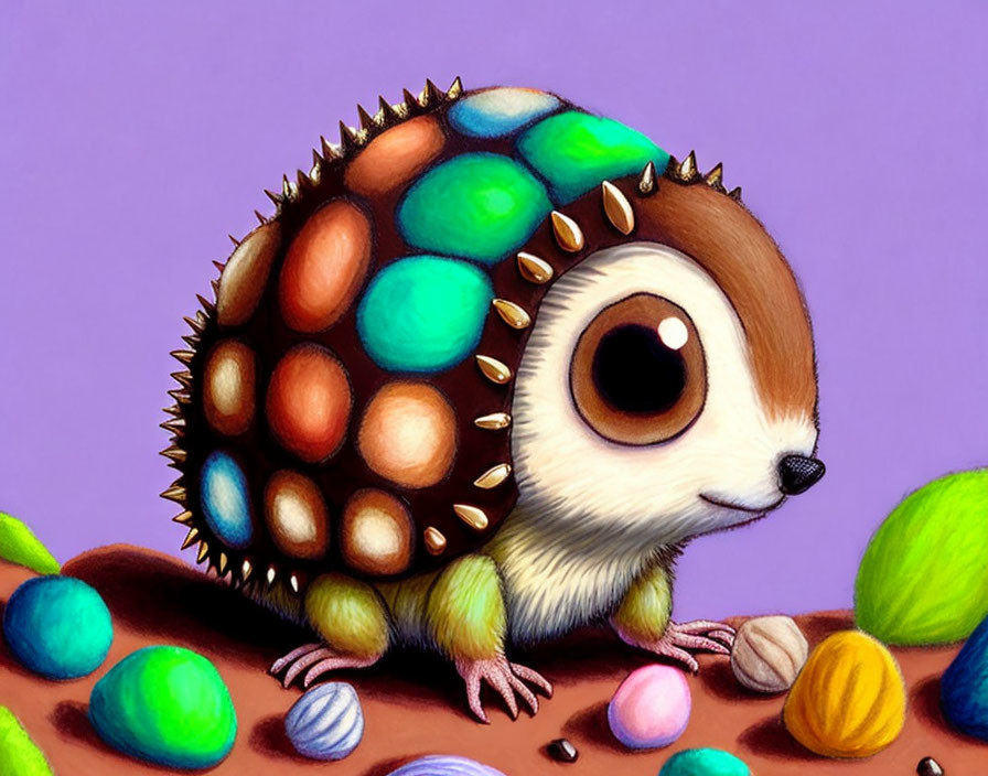 Colorful Hedgehog with Patterned Shell on Purple Background surrounded by Stylized Pebbles