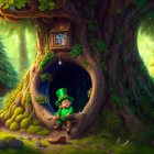 Enchanted forest scene with cozy nook and leprechaun-like character surrounded by glowing lights
