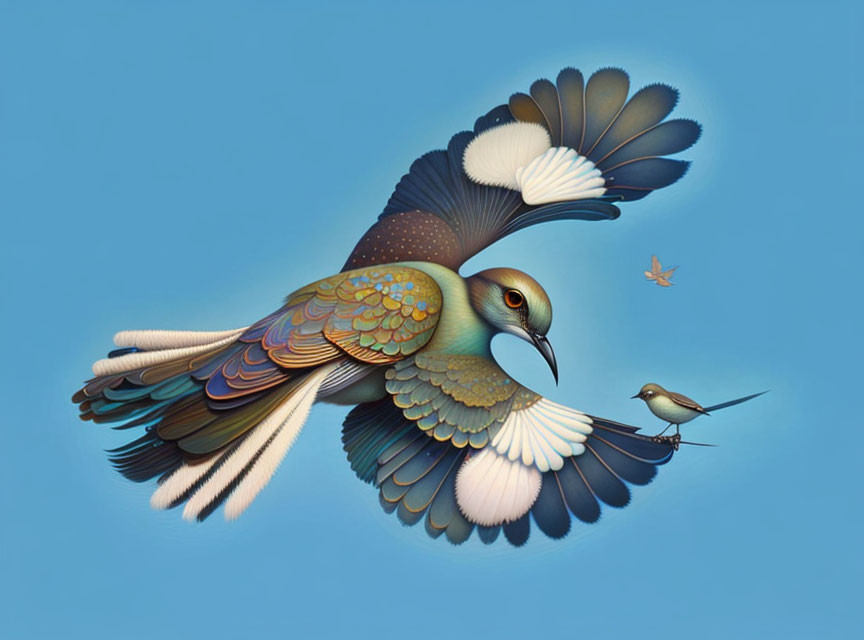 Colorful Stylized Bird Illustration in Flight with Tiny Bird on Blue Background