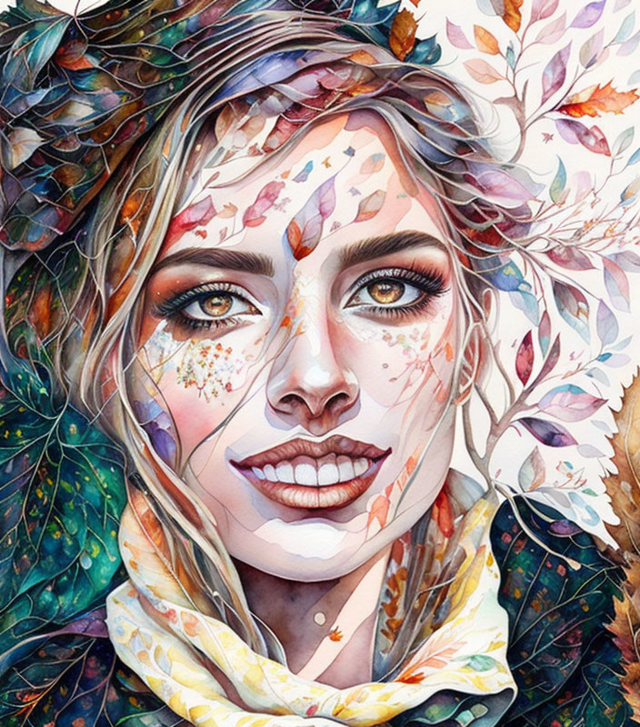 Portrait of woman with autumn leaves in hair and colorful makeup