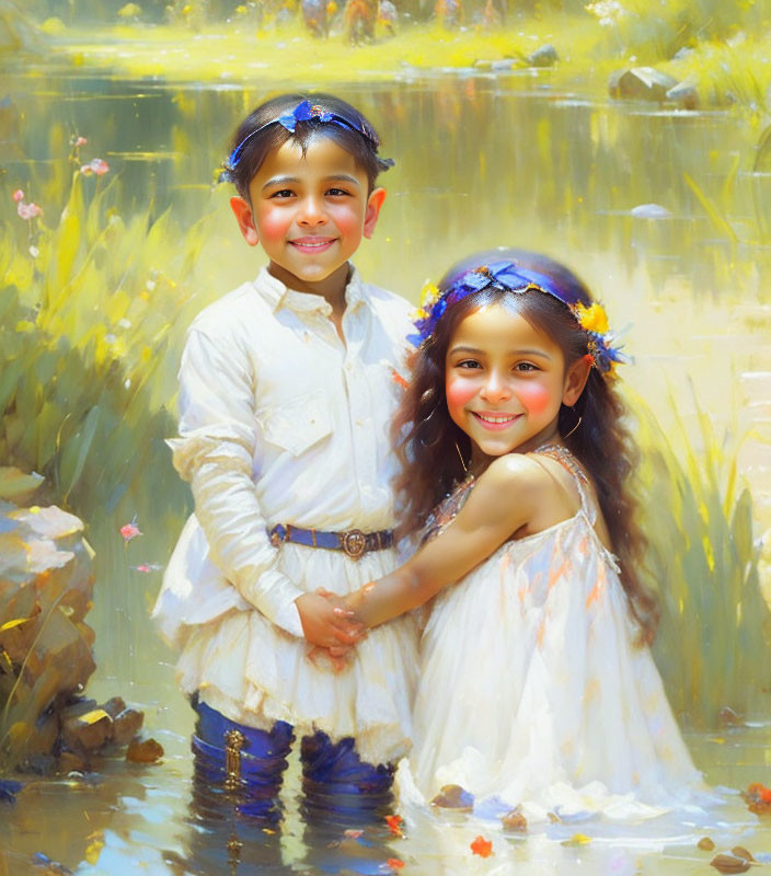 Children in vintage attire holding hands by sunlit pond with flower-adorned hair