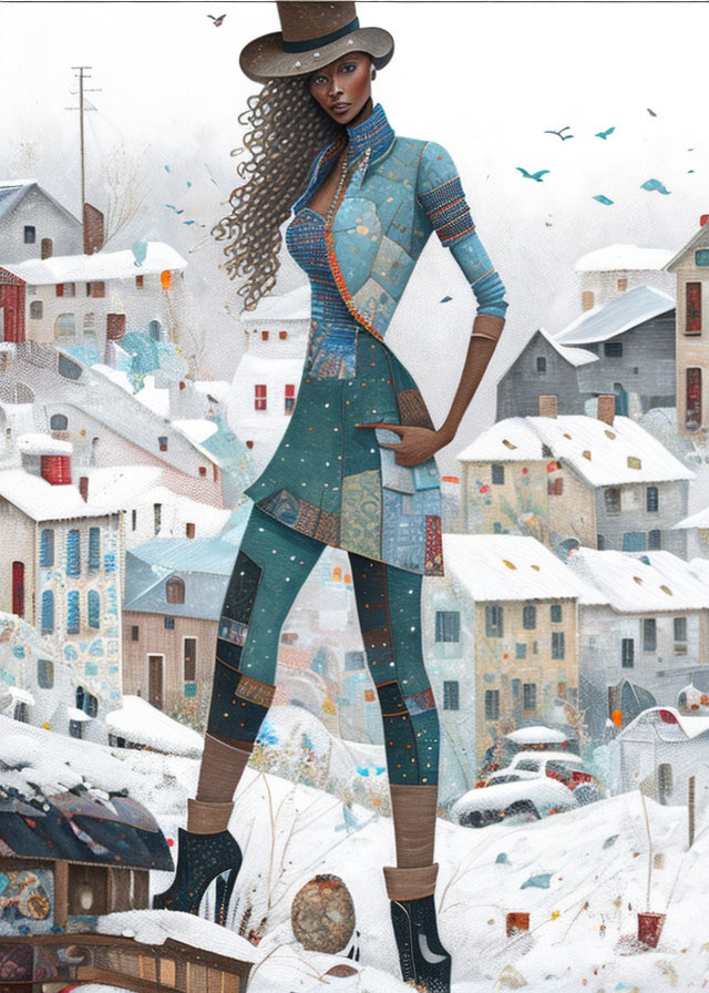 Stylized illustration of tall woman in hat with snow-covered houses