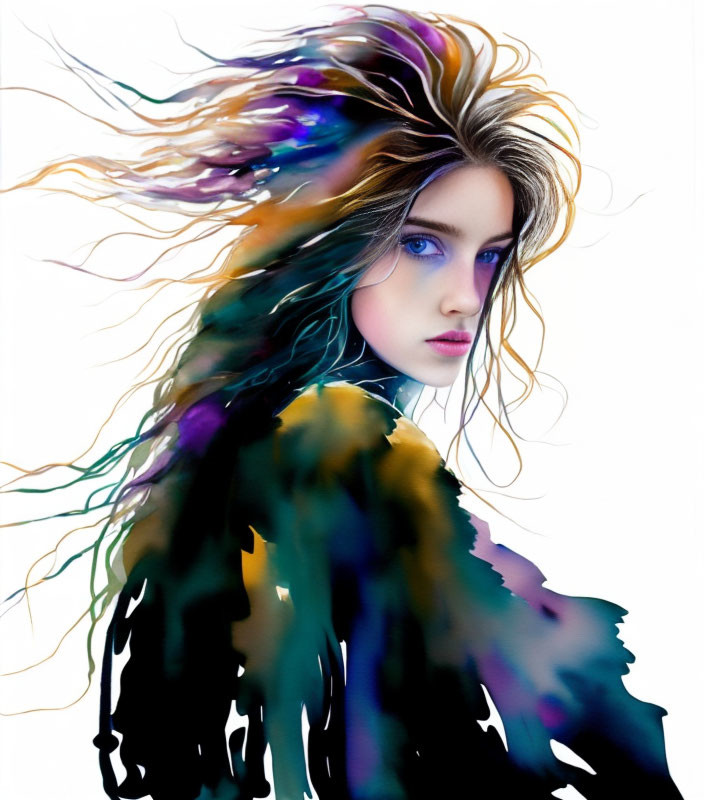 Watercolor splash paint portrait of woman