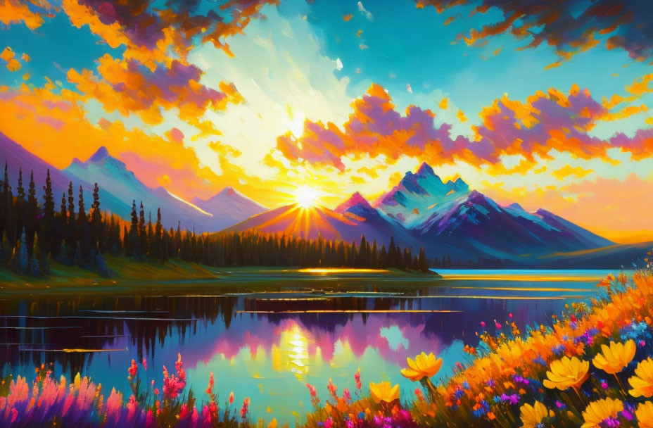 Lake, mountains, sunrise, flowers