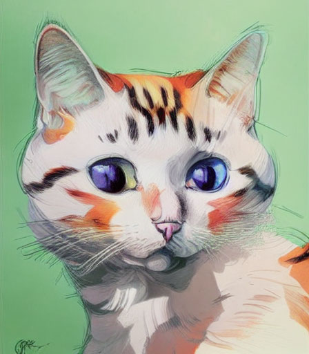 Stylized digital painting of a cat with blue eyes and striped coat